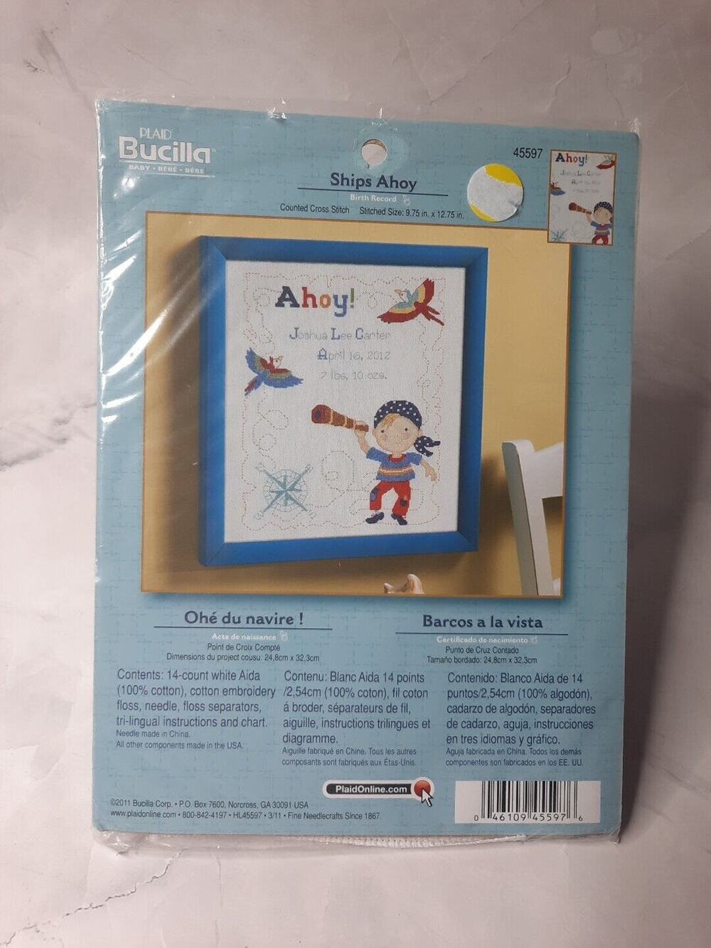 Bucilla Counted Cross Stitch Kit Ships Ahoy Birth Record 45597 Pirate Nautical